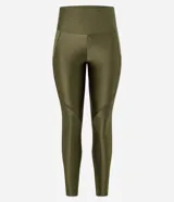 Calza deportiva larga color verde oliva metalizado, de tiro alto y corte ajustado.