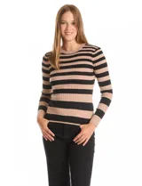 Buzo de tejido acanalado con diseño de rayas horizontales en color negro y beige, cuello redondo y manga larga.