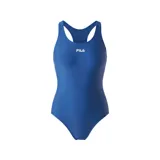 Malla enteriza azul con breteles anchos y espalda deportiva. Logo de Fila estampado en el pecho.