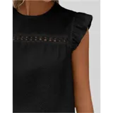 Blusa de tela broderie color negro, con cuello redondo, mangas cortas con volados y detalle de calado horizontal en la parte superior del pecho.