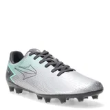 Championes de fútbol 11 Topper modelo Stingray III Mach, color plateado con detalles en negro y líneas en verde agua. Presentan cierre con cordones y suela con tapones para césped.