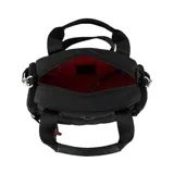 Cartera tipo bowling de la marca Las Oreiro, color negro con diseño acolchado. Cuenta con doble manija superior, correa larga regulable y desmontable con logo de la marca, cierre principal y un colgante decorativo con la frase 'o, my love'.