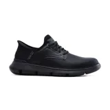 Zapato casual Skechers Hands Free Slip-ins Garza Gervin para hombre, color negro. Diseño Oxford TOUCHLESS FIT con capellada de cuero liso, cordones elásticos, panel moldeado Skechers Slip-ins en el talón, plantilla Skechers Air-Cooled Memory Foam con infusión de carbón y amortiguación Skechers Goga Mat Arch para mejorar el apoyo.