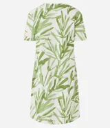 Vestido corto tipo t-shirt de viscolino con cuello redondo, mangas cortas y estampado de follaje.