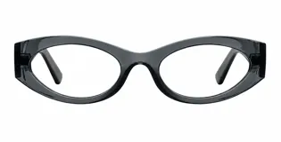 Armazón de receta con diseño retro de forma ovalada, fabricado en material bio-based G850 y patillas de propionato de celulosa en color gris traslúcido.