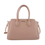 Cartera de mano tipo tote de la marca Las Oreiro, color rosado, con textura granulada, doble asa superior y correa larga ajustable y extraíble. Presenta el logo de la marca grabado en el frente.