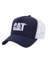 Gorra tipo trucker con frente de sarga azul marino y parte trasera de malla blanca. Presenta el logo de la marca bordado en blanco en la parte frontal y visera curva.