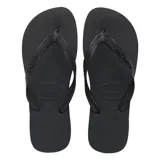 Ojotas Havaianas modelo Top, color gris oscuro con tiras plateadas metálicas con relieve.