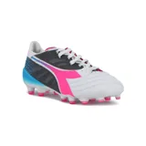 Championes de fútbol Diadora Brasil Elite Veloce, con diseño multicolor en blanco, fucsia, negro y celeste, con tapones moldeados.