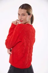 Sweater de punto calado color rojo con cuello redondo y mangas largas.