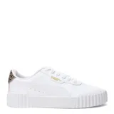 Championes Puma Carina 3.0 Animal Flair de estilo urbano, confeccionados en cuero sintético negro con suela de plataforma robusta y texturizada. Presentan el logo de la marca en dorado en el lateral y cordones al tono.