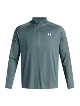 Buzo deportivo Under Armour para hombre, modelo Tech Texturd 1/2 Zip, color azul con textura. Cuenta con cierre medio en el cuello y logo de la marca en el pecho. Confeccionado en tejido UA Tech™ ligero y transpirable.
