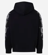 Hoodie negro de algodón con felpa interna, capucha y bolsillo canguro. Presenta diseño estampado de dragón oriental en ambas mangas y texto en el pecho.