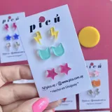 Pack de tres pares de caravanas pequeñas con forma de estrella, rayo y gato.