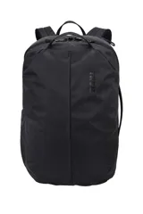 Mochila de viaje Thule Aion de 40 litros, color negro, con diseño ergonómico y compartimento acolchado para laptop de hasta 17 pulgadas. Incluye bolsa enrollable extraíble de TPU para artículos húmedos o sucios, bolsillos organizadores, correas de compresión internas y bolsillos laterales para botellas de agua. Fabricada con materiales reciclados y tejido de lona encerada resistente al agua.