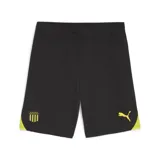 Short de fútbol Puma del Club Atlético Peñarol, modelo Train. Diseño negro con detalles en amarillo en los laterales y logos estampados.