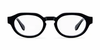 Lentes blueblocker con armazón negro de diseño geométrico, que combina una montura superior plana con cristales ovalados.