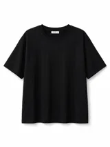 Remera de algodón color negro, con cuello redondo y mangas cortas, de corte clásico y diseño liso.