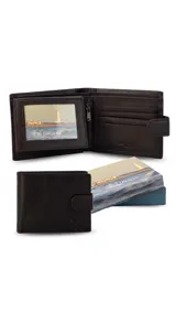 Billetera de cuero color marrón oscuro con presilla y broche a presión. Cuenta con doble compartimento para billetes, múltiples tarjeteros, bolsillos y un monedero con cierre.