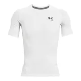 Remera deportiva Under Armour HeatGear de manga corta, color blanco, con cuello redondo y ajuste compresivo. Presenta el logo de Under Armour en negro en el pecho y texto de la marca en el borde del cuello.