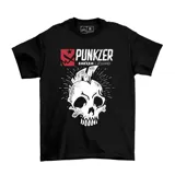 Remera de algodón color negro, con estampa frontal que incluye el logo de Punkzer y un diseño gráfico de una calavera con cresta.