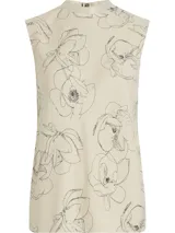 Remera de tirantes color crema con estampado de flores negras, cuello redondo y corte recto.