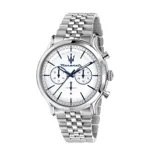 Reloj Maserati Epoca con caja de acero inoxidable plateada de 42mm, esfera blanca con detalles azules y correa de acero inoxidable. Cuenta con movimiento de cuarzo, cristal mineral y resistencia al agua de 10 ATM.