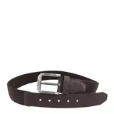 Cinto de diseño combinado con cuerpo de tejido elástico y puntera de cuero, con hebilla metálica de estilo clásico.