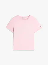 Remera rosa de manga corta y corte regular, con cuello redondo y logo script de Tommy Hilfiger bordado en el pecho.
