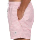 Short de baño de corte clásico con estampado de monograma en color rosado y blanco. Cuenta con cintura elástica con cordón de ajuste y logo de la marca en el lateral.