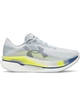 Championes de running Under Armour Velociti Pro 2, color gris con entresuela blanca, detalles en amarillo flúor y azul, y el logo de la marca en el lateral.