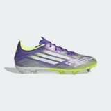 Championes de fútbol Adidas F50 League, color violeta con detalles en amarillo y blanco.