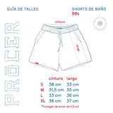 Short de baño azul con cintura elástica roja y rayas verticales blancas y rojas.