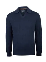 Sweater de punto acanalado marca RKF modelo Rocco, color azul navy, con cuello camisero y escote en V sin botones, y de manga larga.
