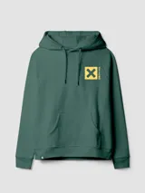 Hoodie azul marino con capucha, bolsillo tipo canguro y gran estampado cuadrado en la espalda con una letra X negra sobre fondo beige.