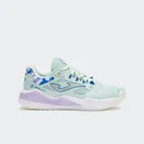 Championes de pádel para mujer, modelo profesional de alta gama, color verde menta con detalles en azul y lila. Presentan un diseño con malla transpirable, sistema de ajuste termosellado SPORTECH y entresuela de phylon con tecnología STABILIS.