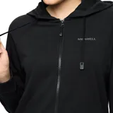 Chaqueta con capucha y cierre frontal, confeccionada en tejido de felpa cepillada. Presenta cordones ajustables en la capucha con herretes personalizados, logo de la marca estampado en el pecho y etiqueta decorativa en el ruedo.