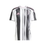 Camiseta de fútbol Adidas de la Juventus, modelo Primera Equipación temporada 25/26. Diseño a rayas verticales blancas y negras con detalles en rosa en cuello, mangas y logo de Adidas.