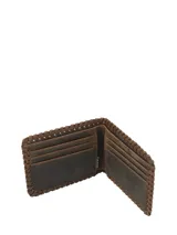 Billetera bifold Rockford de cuero con pelo 100% natural color marrón, con bordes trenzados y el logo de la marca grabado en la esquina inferior. Cuenta con tecnología RFID de protección para tarjetas.