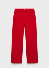 Pantalón jeans de tiro alto y corte recto, confeccionado en tejido de algodón estilo vaquero, con cierre de cremallera y botón, trabillas y diseño de cinco bolsillos.