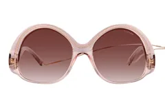 Lentes de sol Azzaro de edición limitada con armazón redondeado de acetato en tono rosado traslúcido y detalle de cadena metálica dorada en el borde superior. Presentan cristales degradados en tonos marrones.