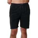 Short de baño Rip Curl modelo Search Cordura de 19", color negro, con cintura elástica y cordón ajustable jaspeado. Cuenta con bolsillos laterales con cierre.