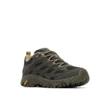 Championes de trekking Merrell modelo Moab 3, color verde oliva con detalles en negro. Confeccionados en gamuza y malla transpirable, cuentan con suela Vibram de alta tracción, entresuela amortiguada y puntera reforzada.