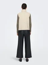 Chaleco tejido de punto con diseño de trenzas, cuello alto tipo polera y terminaciones acanaladas en el ruedo y sisas.