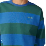 Buzo Rip Curl modelo Disorder Stripe, de diseño a rayas horizontales en tonos azul y verde, con cuello redondo y el logotipo de la marca bordado en el pecho.
