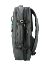 Mochila maletín gris RKF de poliéster reciclado repelente al agua, con tres compartimientos independientes con cierre, espacio para laptop de 15 pulgadas, triple bolsillo frontal, mango lateral, correas ajustables y broches laterales.