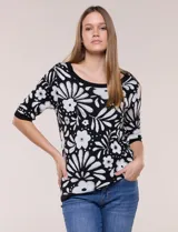 Buzo tejido de punto fino negro con diseño de flores blancas a contraste, escote redondo y mangas de largo al codo.