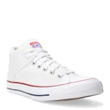 Championes Converse modelo Chuck Taylor Tremont Street Mid, de corte medio, confeccionados en lona de algodón color blanco. Presentan cierre con cordones, puntera de goma reforzada y suela de goma con la característica franja decorativa en rojo y azul.