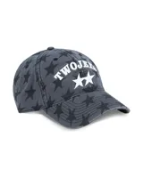 Gorra TwoJeys de color negro con estampado integral de estrellas grises y bordado frontal en color blanco con texto y estrellas.