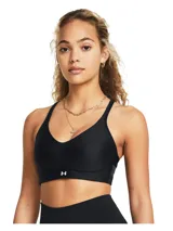 Top deportivo Under Armour de bajo impacto, confeccionado en tejido técnico con tecnología de secado rápido. Presenta diseño tipo jersey con escote redondo, tirantes ajustables y banda elástica integrada bajo el busto con el logo de la marca estampado.